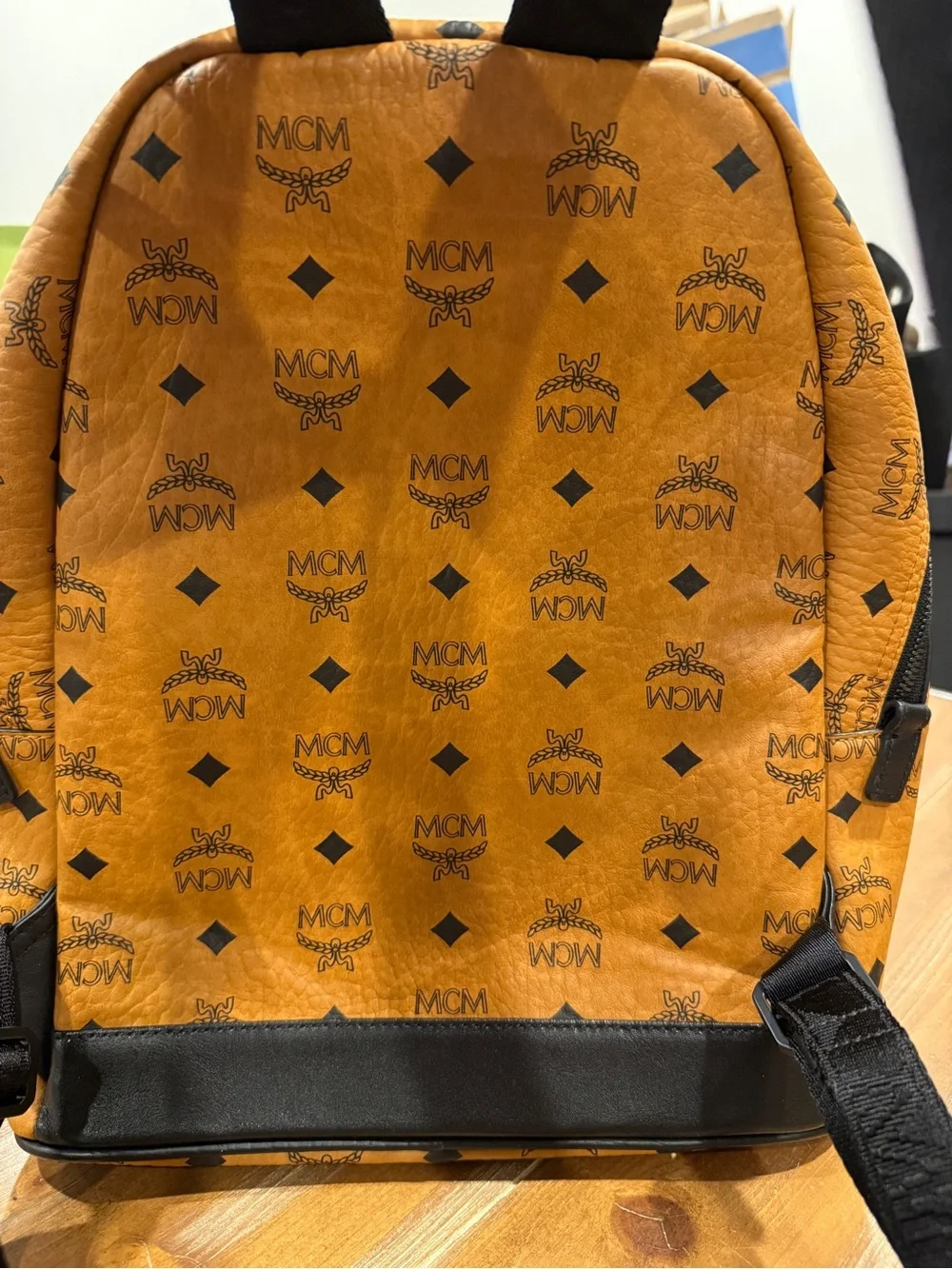 MCM Small Stark Visetos Backpack Cognac Black Leather Women's Designer Bag